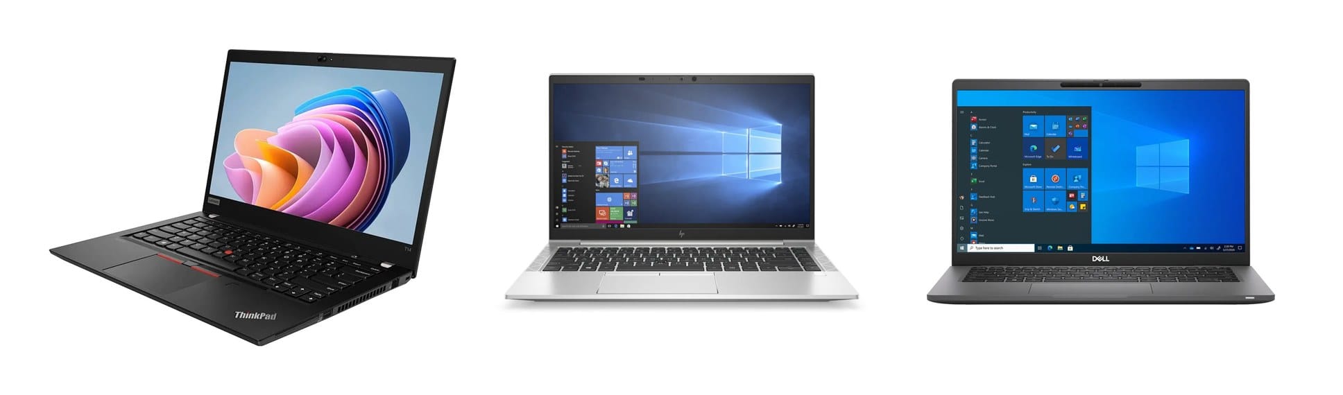 Felújított üzleti laptopok egymás mellett: Lenovo ThinkPad, HP EliteBook és Dell Latitude