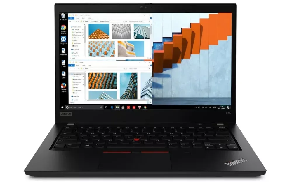 Felújított Lenovo ThinkPad T490 nyitott állapotban, működő kijelzővel