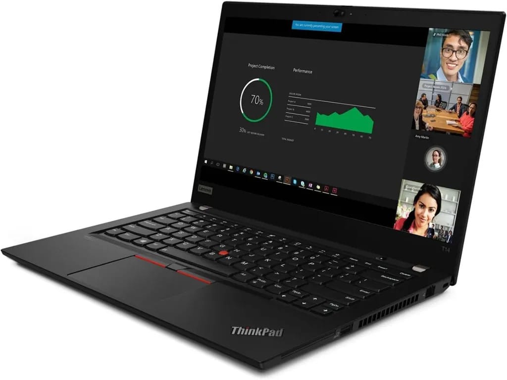 Felújított Lenovo ThinkPad T14 nyitott állapotban, üzleti környezetben