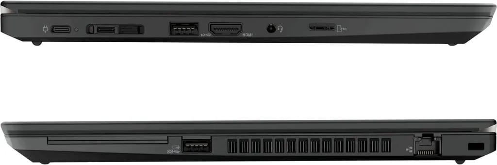 A Lenovo ThinkPad T14 oldalsó csatlakozói: USB-C, dokkoló, USB-A, HDMI, microSD, RJ45 LAN