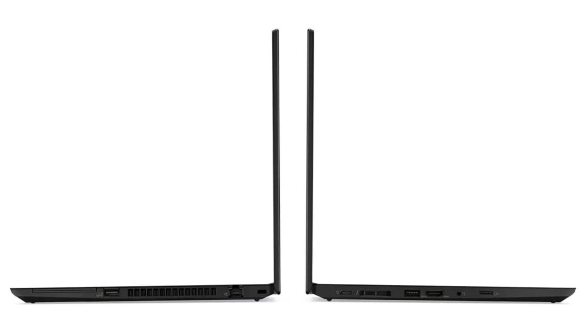 Lenovo ThinkPad T490 zárt állapotban, vékony profil – elülső és hátsó él